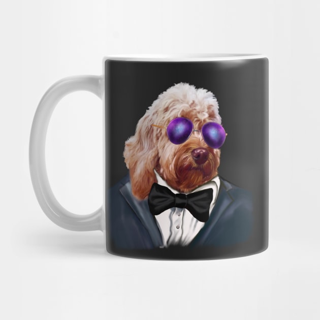 Cavapoo Daddy Cool ! Cute Cavapoo Cavoodle puppy dog Face with sunglasses and tuxedo with bow tie  - cavalier king charles spaniel poodle, puppy love by Artonmytee